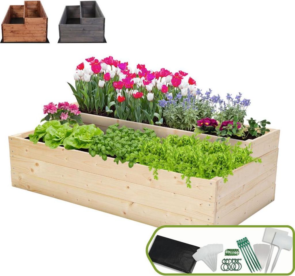 MODO24 Hochbeet Holz, Pflanzkasten, Massivholz, Kiefer, Kräuterbeet, Blumenkasten, Garten, Terrasse, 36x117x63 cm, Natur, ZP07