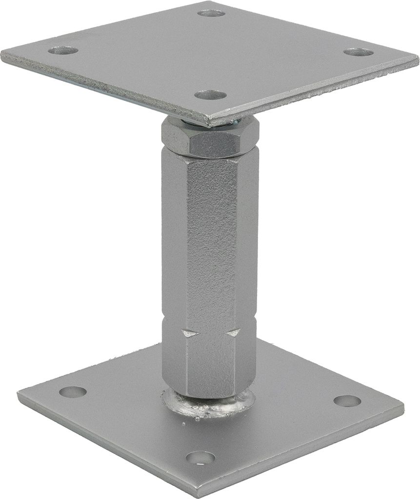 A silver metal post support with a square base and a square top, connected by an adjustable cylindrical column.