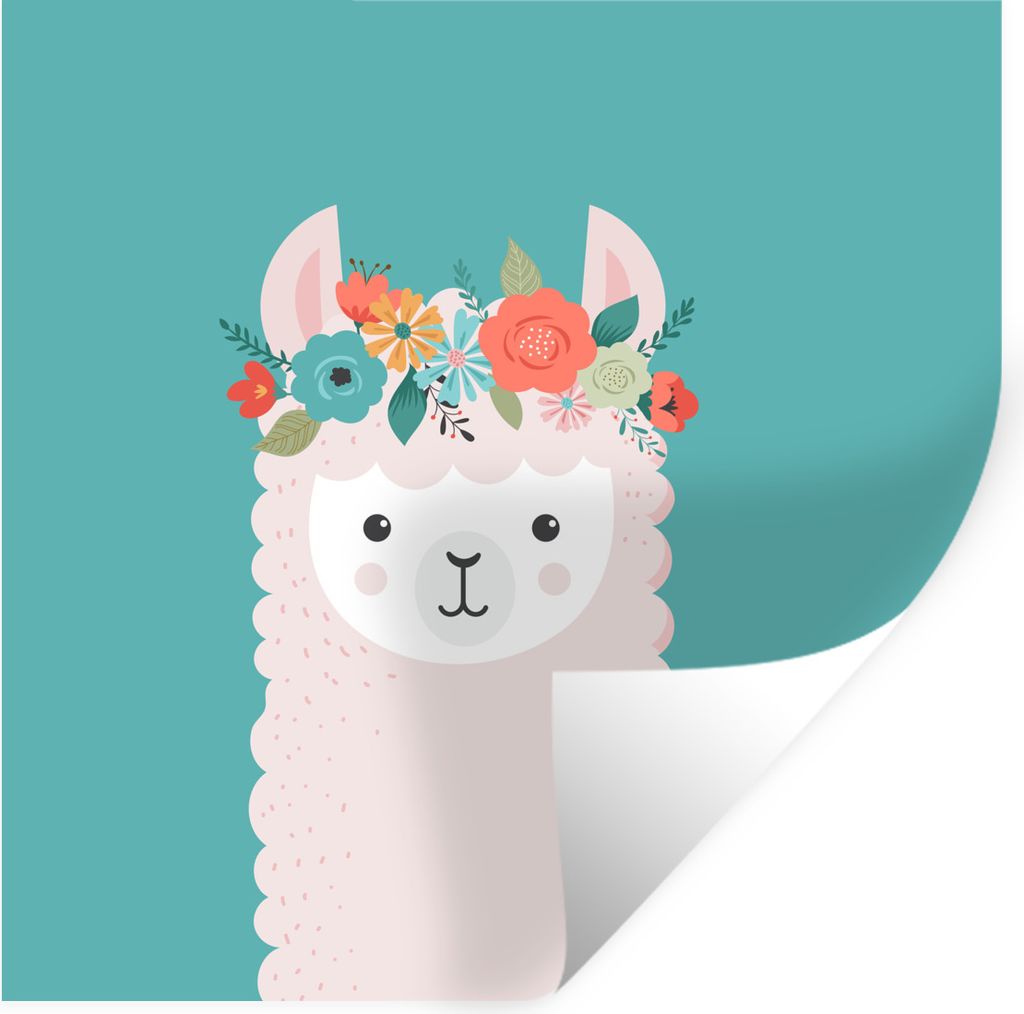 MuchoWow Wandtattoo Wandsticker Wandaufkleber Lama - Blumen - Kinder 100x100 cm Selbstklebend und Repositionierbar - Wierderverwendbar - Selbstkl...
