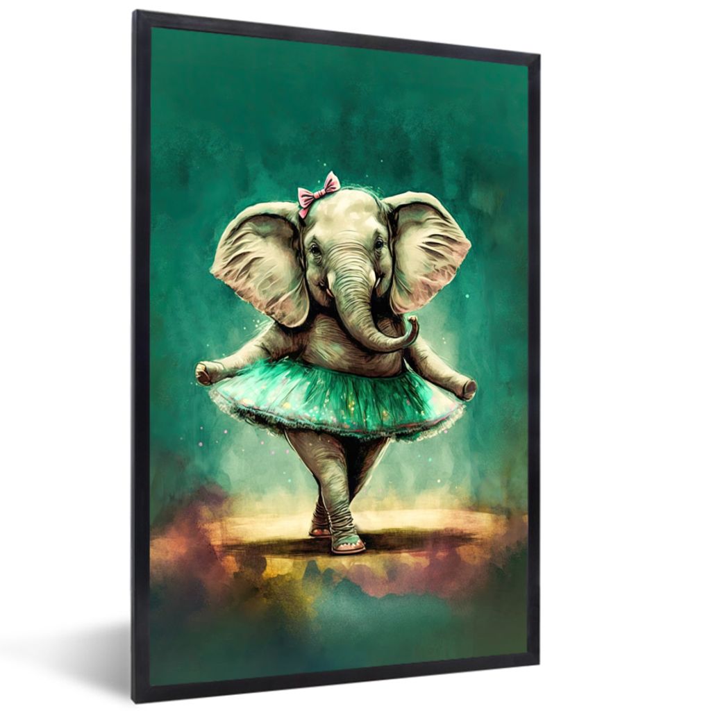 MuchoWow Gerahmtes Poster Elefant - Ballerina - Farbe - Schleife - Porträt 60x90 cm - Poster mit Schwarzem Bilderrahmen Wandposter Rahmen Foto B...