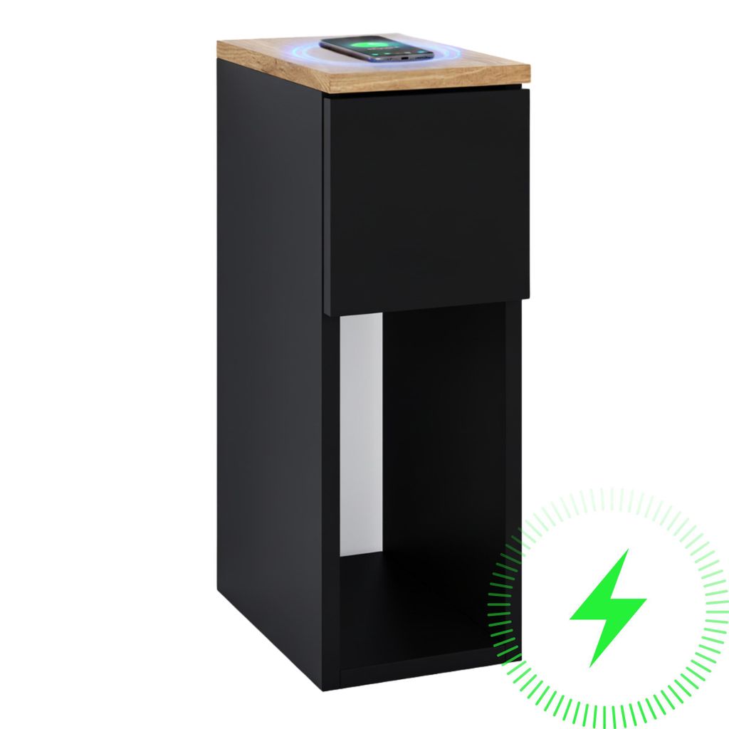 Nachttisch Beistelltisch ComfortCove Schwarz 20x30x55 cm Schublade Eiche Torro Induktion 15W