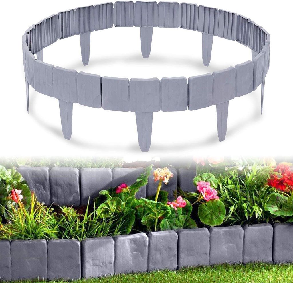 YUENFONG Rasenkante Kunststoff 5m Steinoptik Garden Border aus Polypropylen, Palisade Garten dekorativ, 1 Element BxHxT: 25x23x1 cm, Grau
