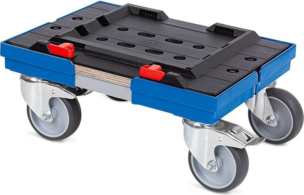Transportroller für MetaBox S mit Gummiräder | BxT 40x30cm | 2 Bremsrollen & 2 Lenkrollen | Blau | Kistenroller Logistikroller Rollwagen Profi-Fa...