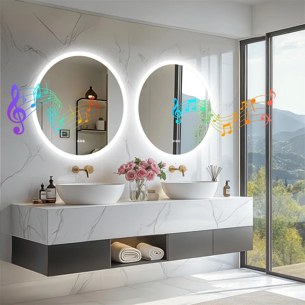 Miroir de salle de bain LED intensité variable Bluetooth jaune Série V