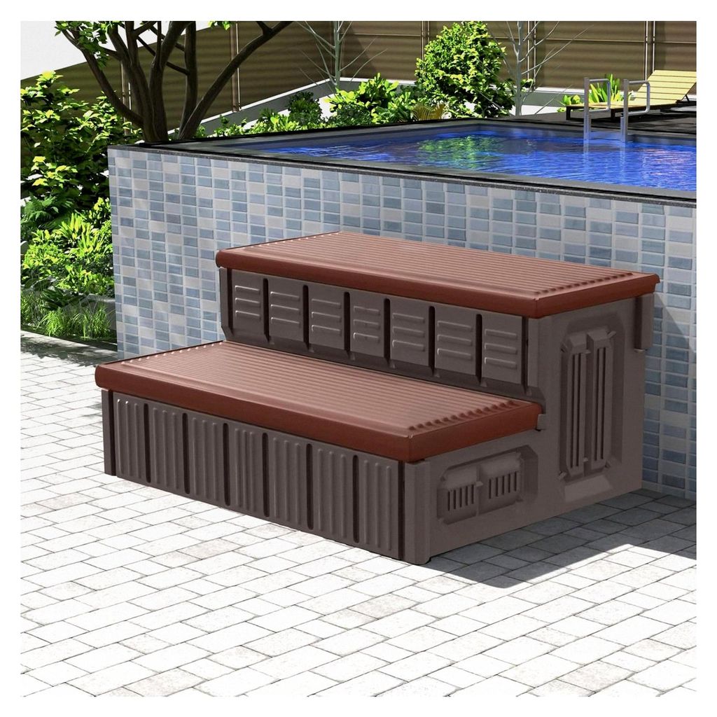 Whirlpool-Stufen, Spa-Stufen im Freien mit Stauraum, rutschfeste und stabile Whirlpool-Treppe, 91,4 cm lang, Kaffee/Grau
