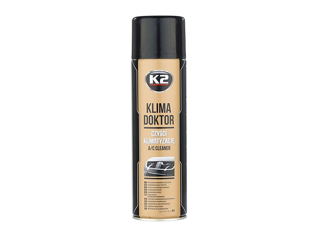 A can of K2 Klima Doctor A/C Cleaner is shown against a white background.
