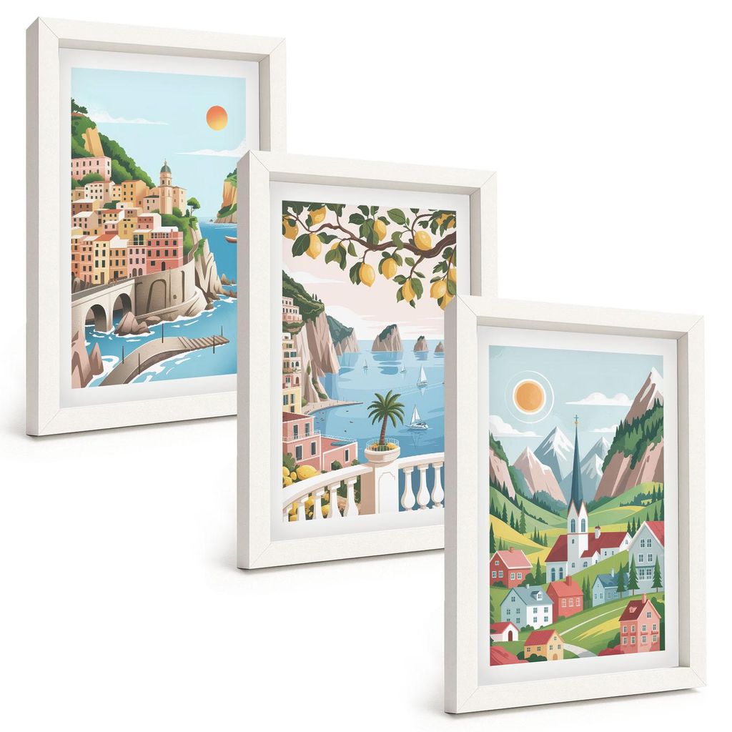 Bilder Set 3-teilig im weißen Rahmen – Wandbilder 3 Stück – gerahmte Poster für Wohnzimmer, Schlafzimmer und Flur – 20x30 cm – Landschaf...