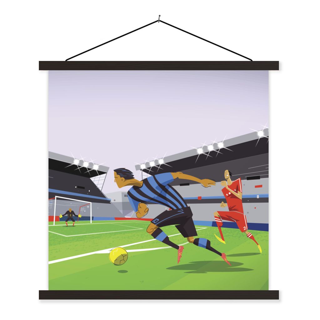 MuchoWow Textilposter Eine Illustration von Spielern, die in einem Stadion Fußball spielen - Junge - Mädchen - Kinder 90x90 cm mit schwarzem Ra...