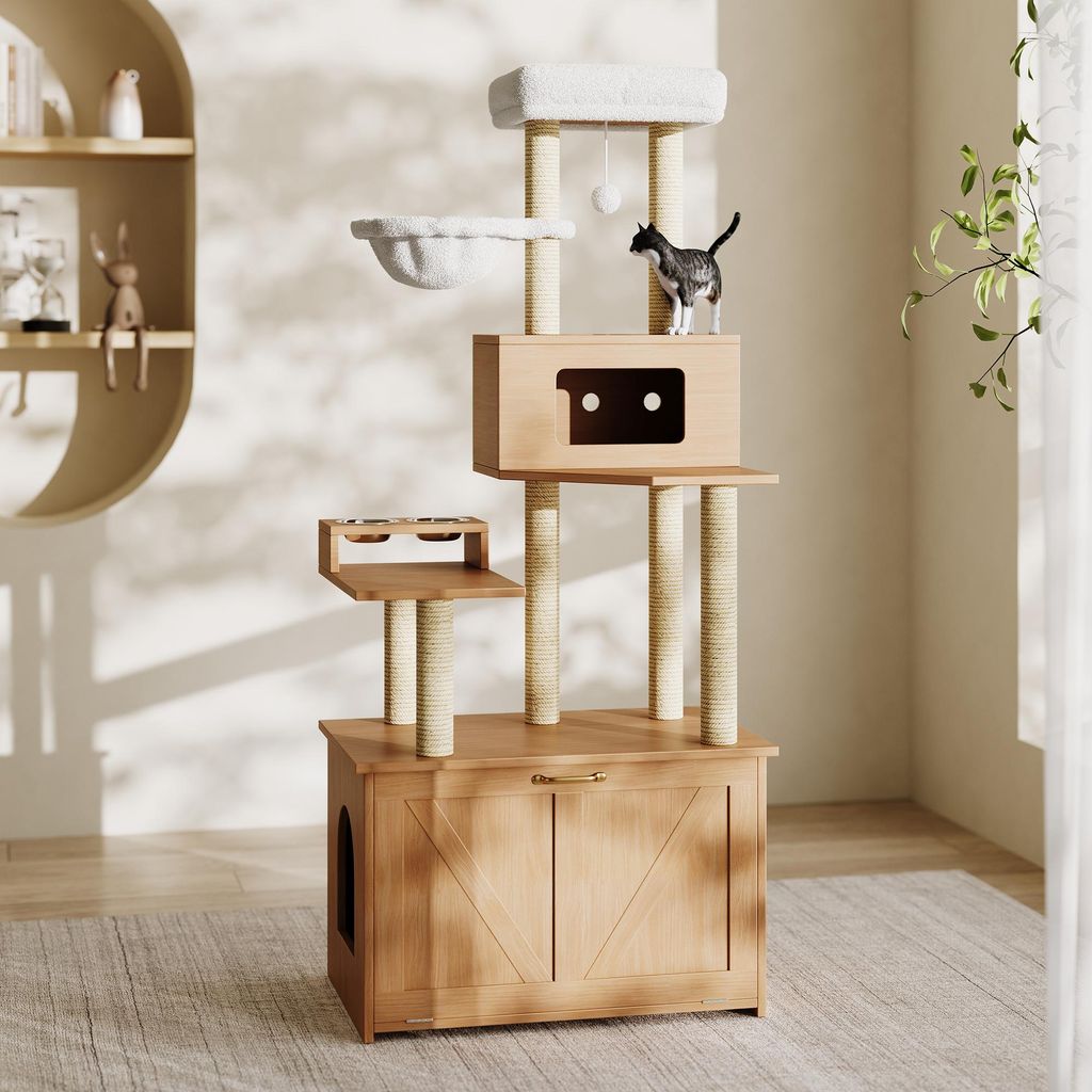 Moderner Katzenturm & Kratzbaum für Wohnungskatzen – All-in-One-Katzenmöbel mit großer Plattform, Futterstation, 1 Hängematte und Katzenklosc...