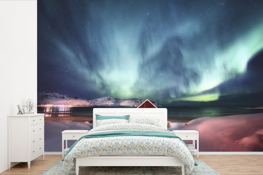 MuchoWow Fototapete für Wohnzimmer oder Schlafzimmer Wandtapete Vinyl Motivtapete Nordlichter - Himmel - Nacht - 390x260 cm - Papiertapete