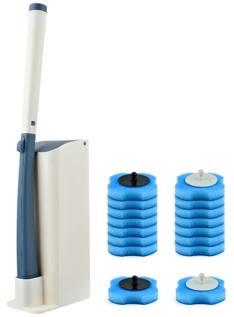Brosse de toilettes jetable ergonomique avec 16 têtes désinfectantes