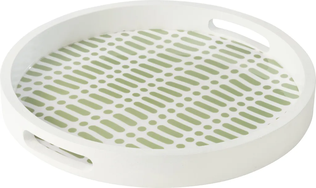 J-Line Plateau Rond en Bois de Mangue avec Poignée Vert et Blanc Ø35cm