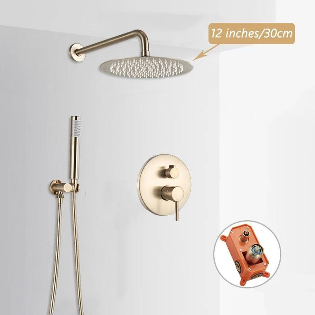 Duschsystem - Unterputz - 2-Wege - 30 cm Runder Regenduschkopf - Handbrause - 304 Edelstahl - Warm/Kalt Mischer - Gebürstetes Gold
