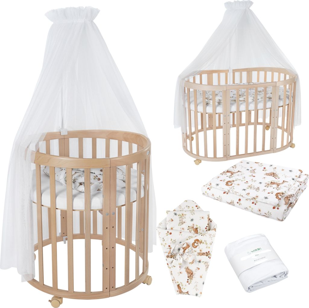 Mobiles Babybett OWAL aus Holz 7in1 mit Matratze, mitwachsend,Stoffe Weiß Tiere,Holz natur