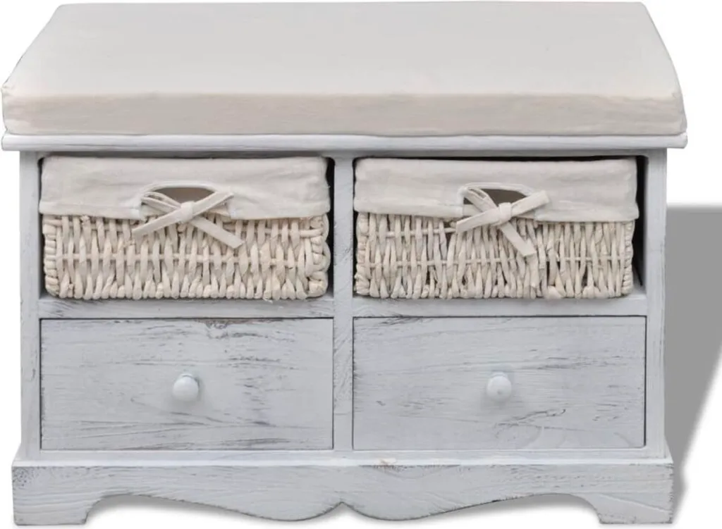 Banc blanc en bois de paulownia 2 tiroirs de rangement gain de place