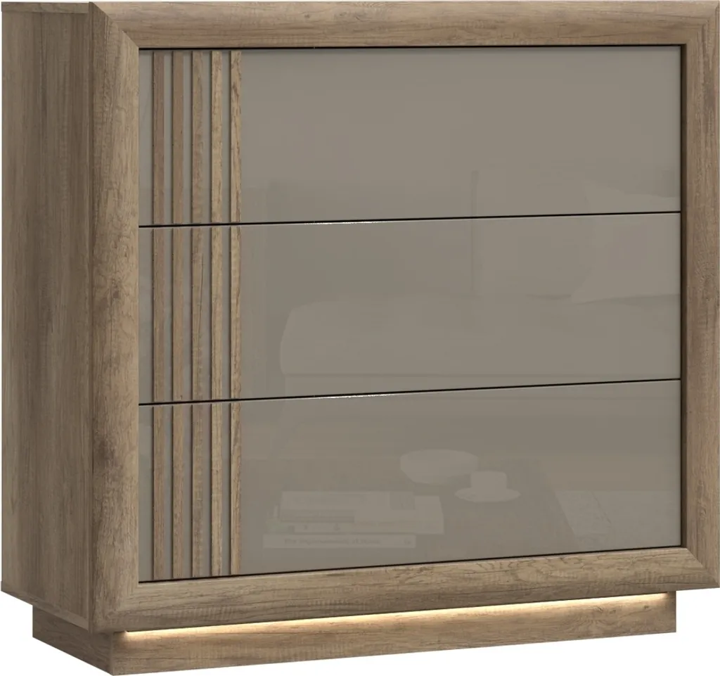 Commode 3 tiroirs SAVONA beige laqué et chêne avec LED intégrées 103cm