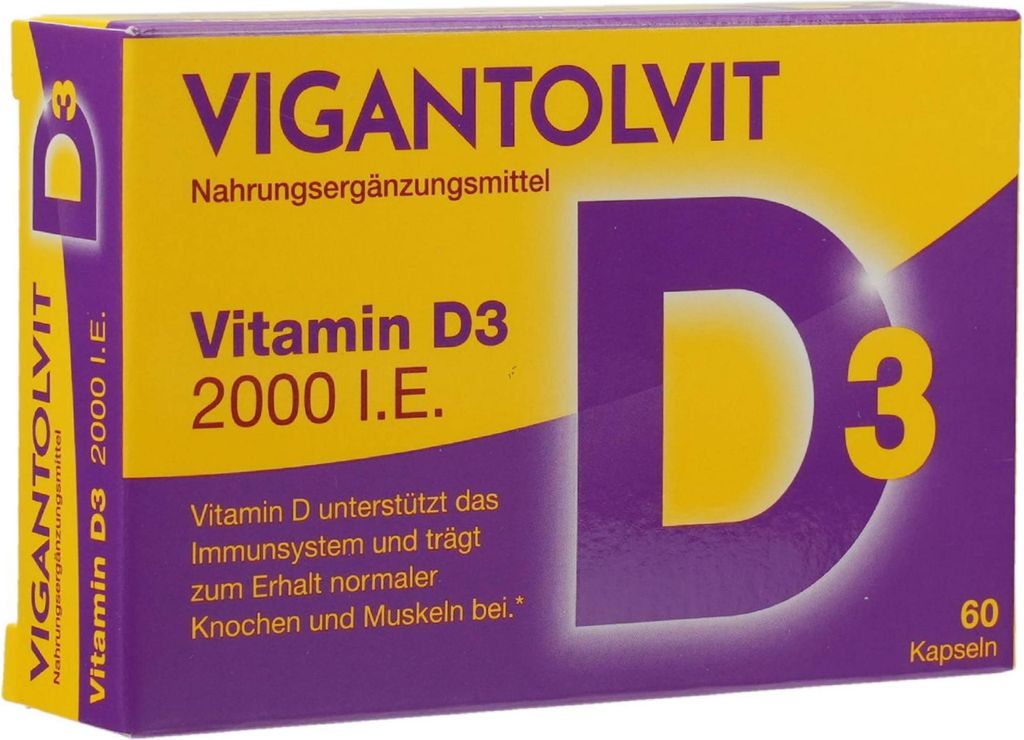 A product box for Vigantolvit Vitamin D3 capsules.