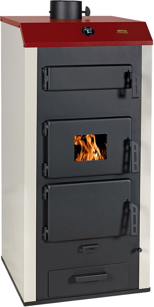 A front view of a wood-burning stove with a red top and white sides, featuring multiple doors and a visible fire in the central window.
