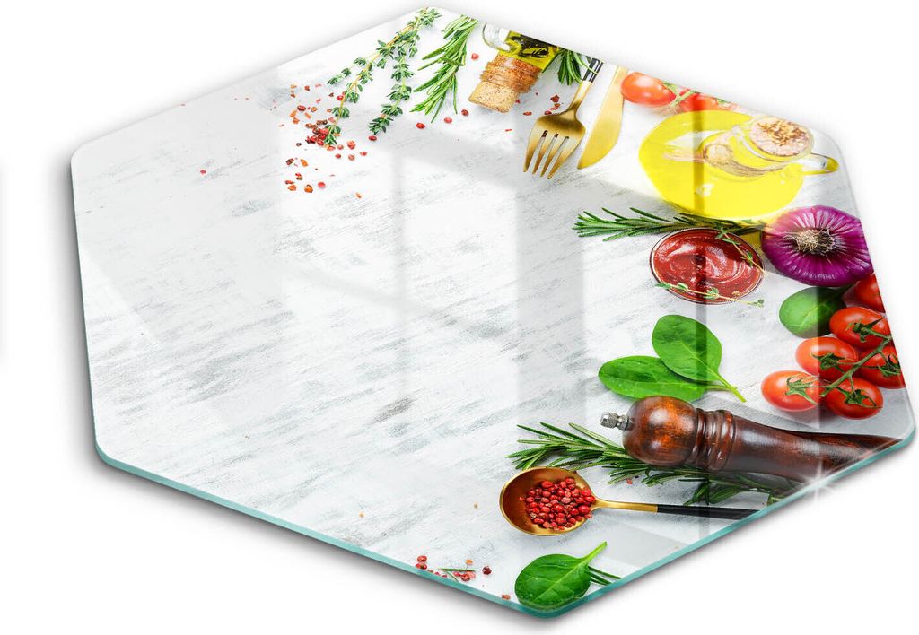 Glasschneideplatte - Herdabdeckplatte - Hexagon 40 cm -Schneidebrett - Spritzschutz - Gemüse und Gewürze