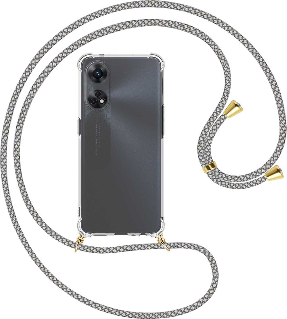 Handykette Backcover-Schutzhülle mit Band (Metall goldfarben) für Oppo Reno8 T 4G (CPH2481, 6.43'') - weiß/grau kariert