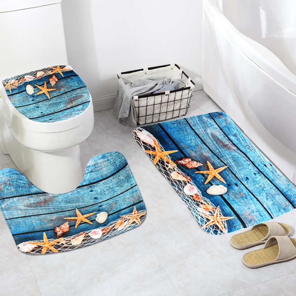 3D Flanell-Ozean Toilettenmatte Set, rutschfeste, saugfähige Badmatte aus Polyester, weiche und langlebige Fußmatte, maschinenwaschbar.