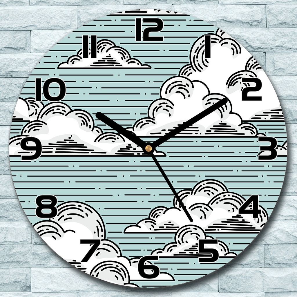 Wanduhr aus Glas Rund fi 30 Wolken weiß blau Quarz Deko Schlafzimmer Büro