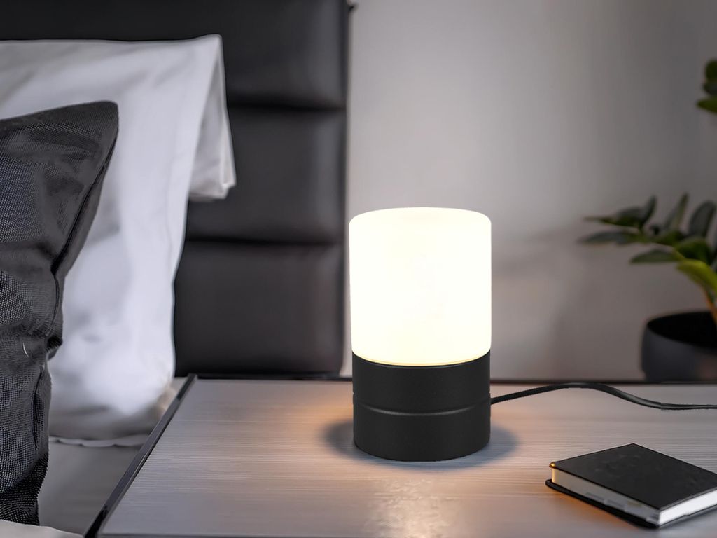 Kleine LED Tischlampe Silber mit Glasschirm Weiß per touch dimmbar, Schwarz 15cm