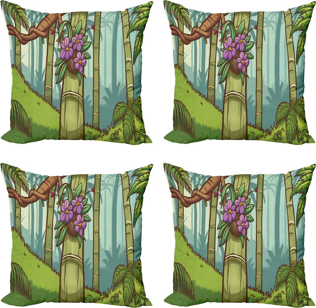 ABAKUHAUS Orchideen Kissenbezug Set (4 Stück), Bunte Dschungel-Cartoon, Moderner Doppelseitiger Digitaldruck, 50 cm x 50 cm, Mehrfarbig