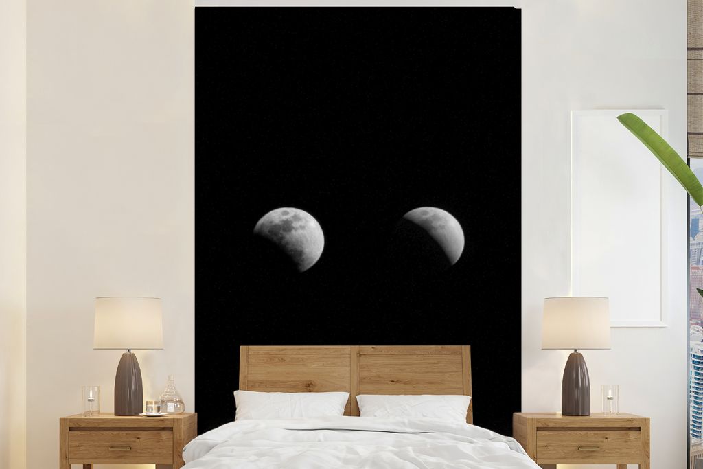 MuchoWow Fototapete für Wohnzimmer oder Schlafzimmer Wandtapete Vinyl Motivtapete Schwarz - Weiß - Mond - Mondphase - Weltraum - 180x280 cm - W...