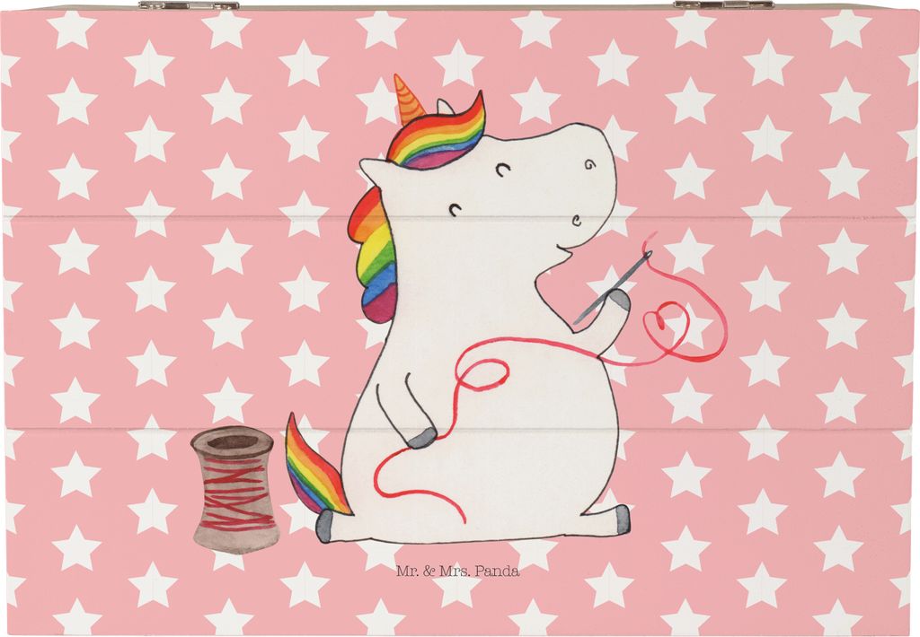 Mr. & Mrs. Panda Geschenkbox Einhorn Näherin 22 x 15 cm - Rot Pastell - Geschenk, fotobox, Stricken, Nähen, Häkeln, Aufbewahrungstruhe, geschenk...