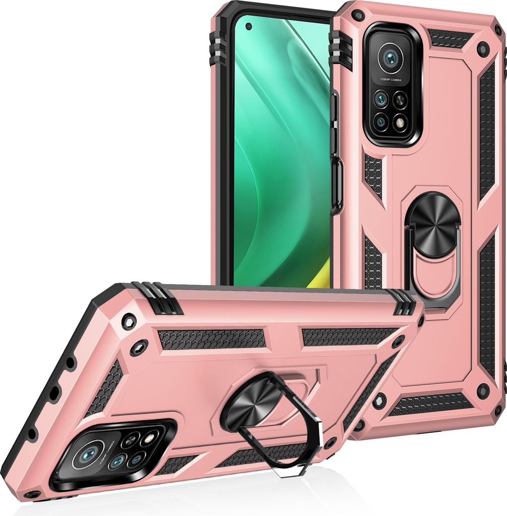 LaimTop Schutzhülle für Xiaomi Mi 10T / Mi 10T Pro, Dual Layer Robust Militäre Fallschutz Hülle mit Ringhalterung Ständer Roségold