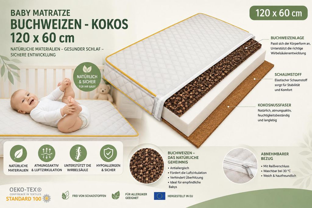 Babymatratze 120x60 cm Buchweizen Kokos – Orthopädische Produktbild  KI-generiertes Bild