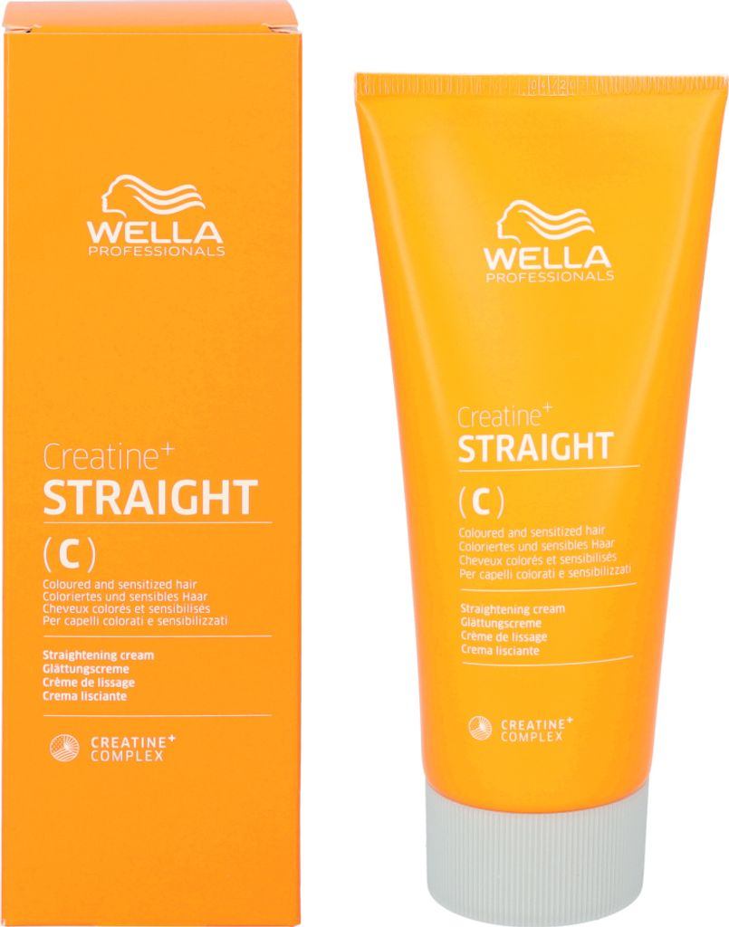 A box and a tube of Wella Creatine+ Straight hair straightening cream are shown against a white background.