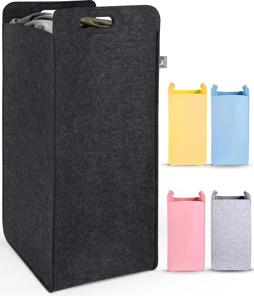 Grand bac à linge 80 litres en feutre gris foncé design pliable