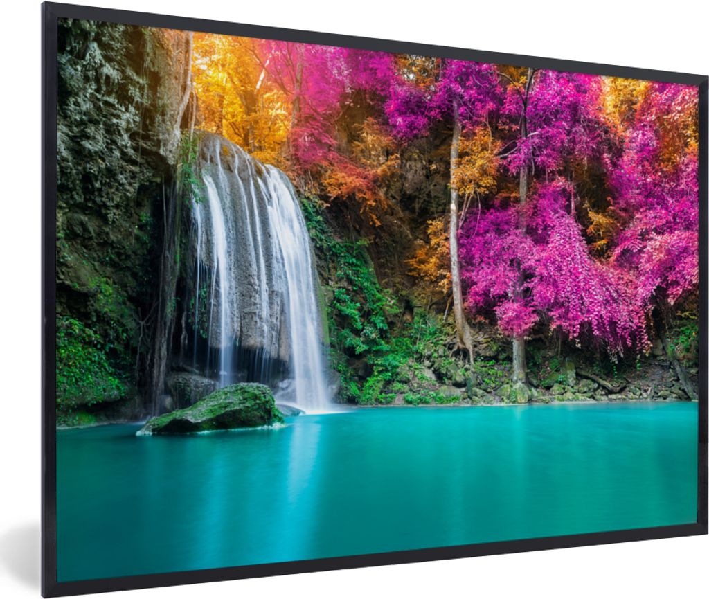 MuchoWow Gerahmtes Poster Wasserfall - Bäume - Rosa - Braun - Natur 30x20 cm - Poster mit Schwarzem Bilderrahmen Wandposter Rahmen Foto Bilder -...