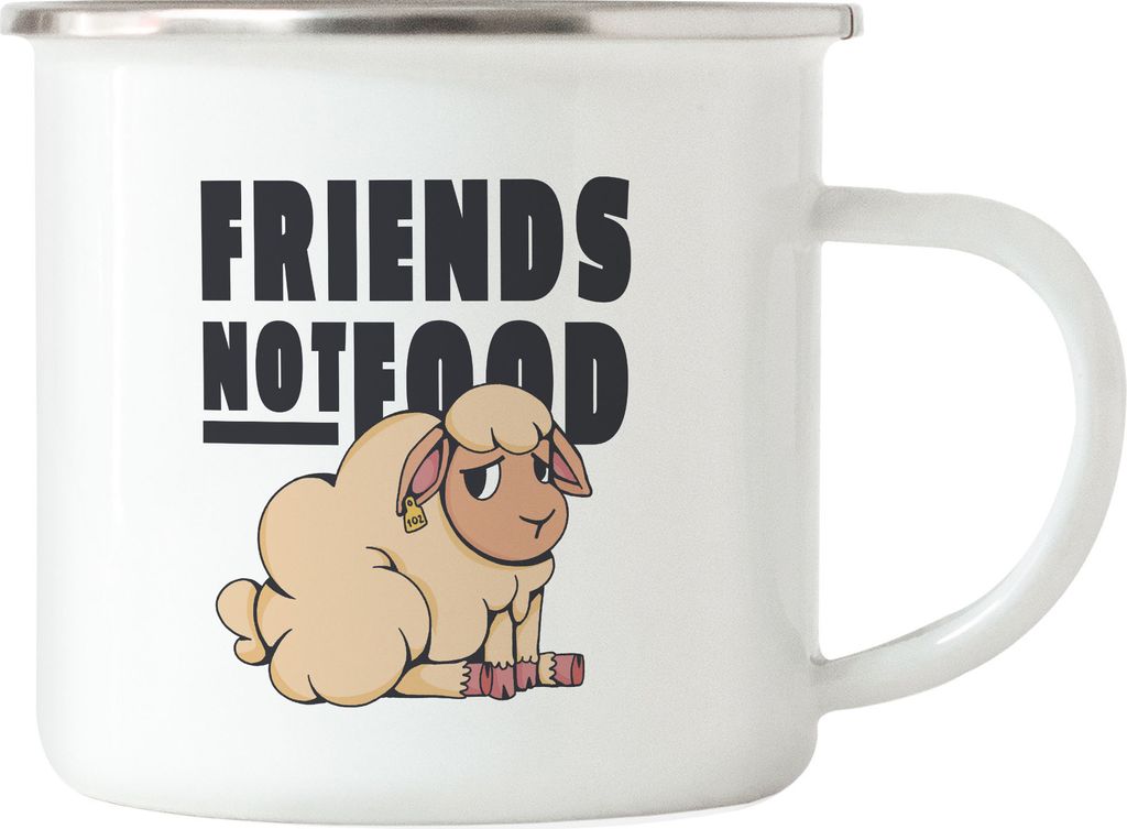 Friends Not Food Emaille Tasse Vegan Vegetarier Geschenkidee Plant-Based Tierwohl Süßes Schaf