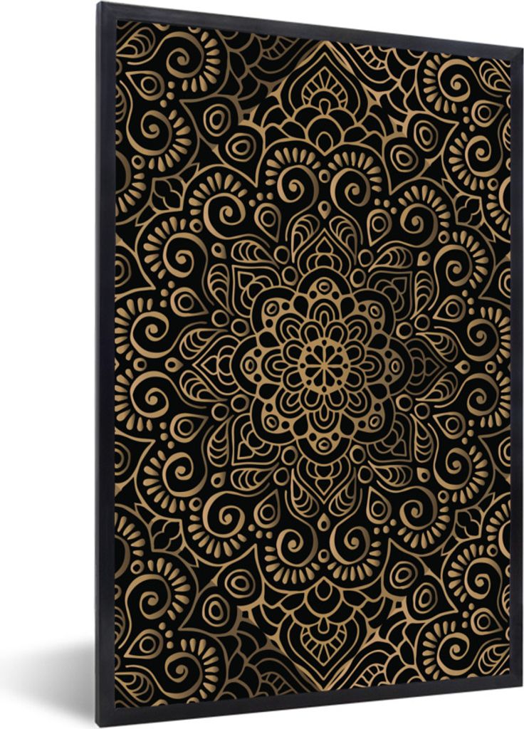 MuchoWow Gerahmtes Poster Goldenes Muster auf schwarzem Hintergrund 40x60 cm - Poster mit Schwarzem Bilderrahmen Wandposter Rahmen Foto Bilder