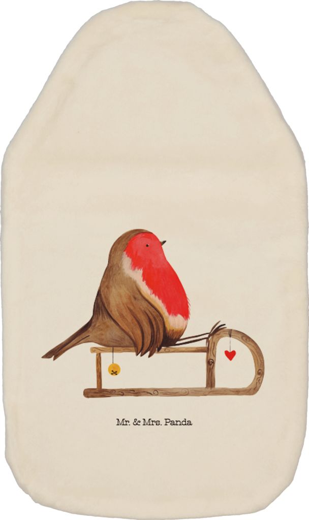 Mr. & Mrs. Panda Wärmflasche Rotkehlchen Schlitten - Weiß - Geschenk, Wärmflaschen, gummi, Weihnachten, Bettflasche, Vogel, Wärmekissen, mit Bezug