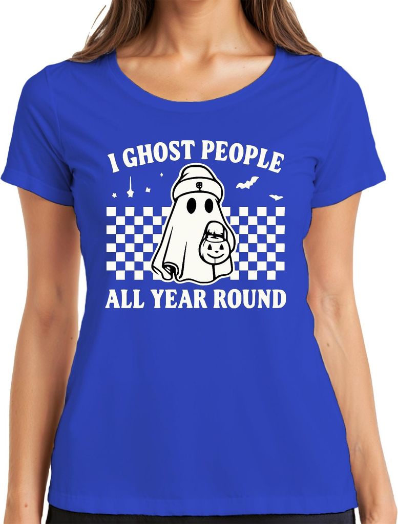I ghost people all year round Halloween Geisterkostüm Retro Karo Damen T-Shirt, Blau, 3XL