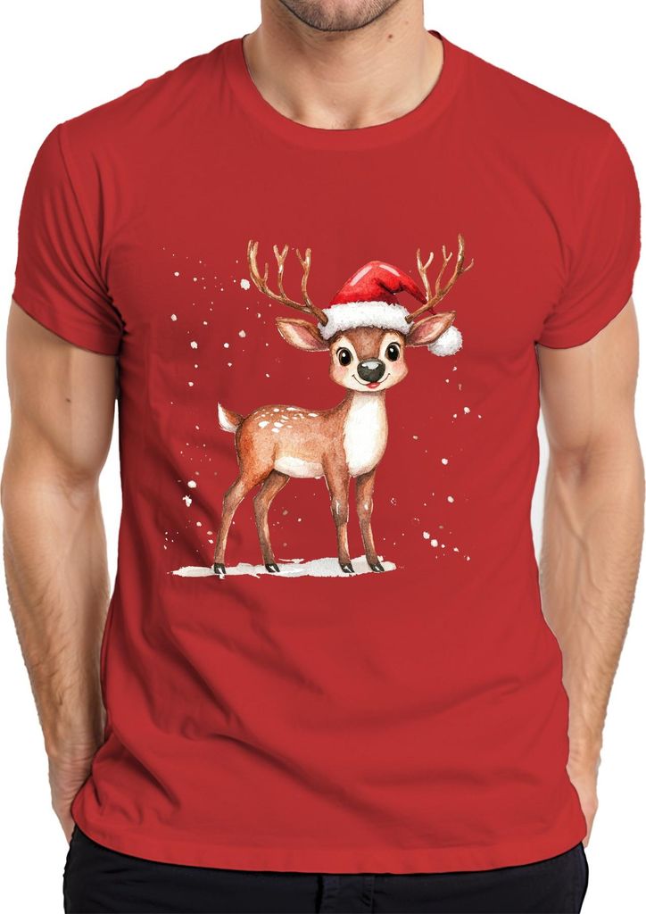 Weihnachtsrentier Niedliches Aquarell Kinder Geschenk Winter Süß Herren T-Shirt, Rot, L