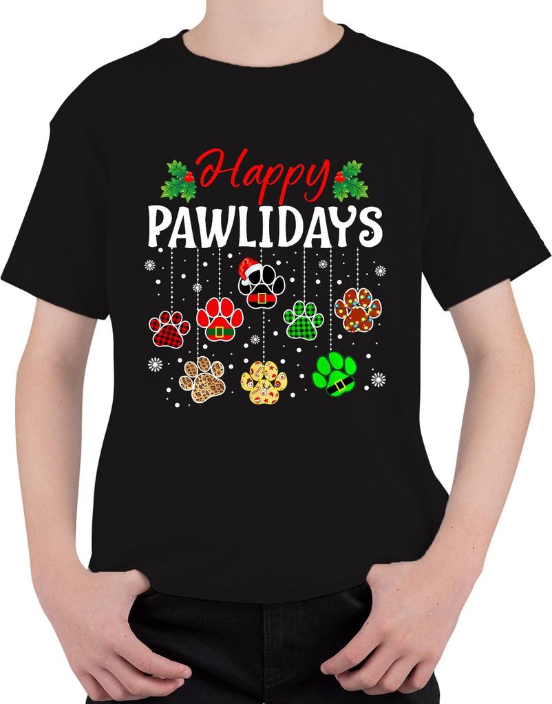 Happy Pawlidays Hunde Katzen Weihnachten Pfoten Geschenk Lustig Uni Kinder T-Shirt, Schwarz, 140