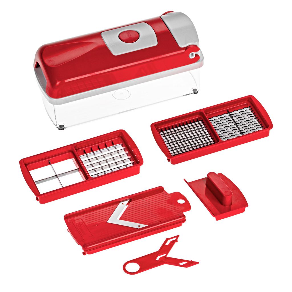 A set of red and clear plastic kitchen choppers and slicers laid out on a white background.
