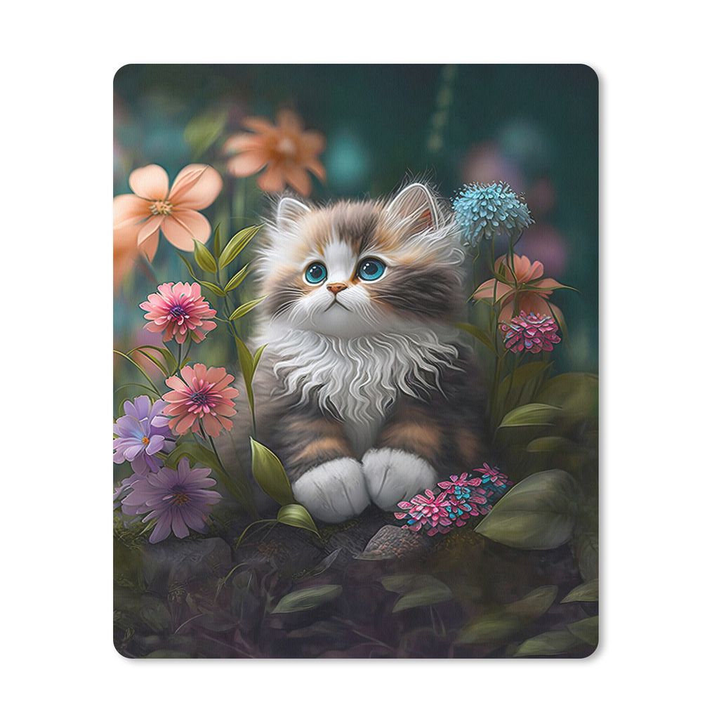 MuchoWow Mauspad Mousepad Kätzchen - Illustration - Blumen - Natur - Katze 30x40 cm - Mousepads - Maus Mat - Pad - Mausunterlage - Mausmatten