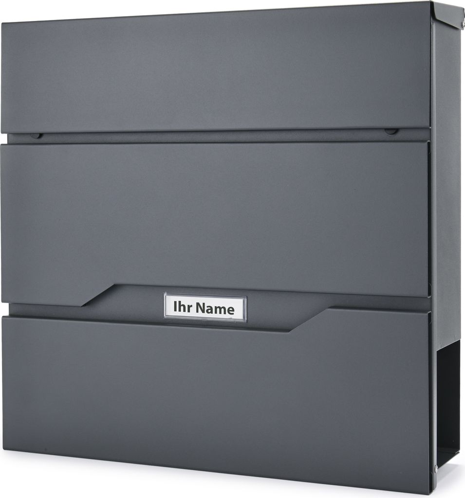 A dark gray mailbox is shown against a light gray background.