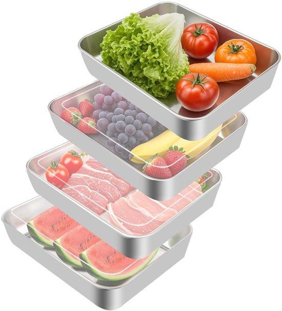 Roestvrijstalen 4-tegenhouders, voedselcontainers met deksel, diepvriescontainers, opslagcontainers, geschikt voor het n von Kaese, Fleisch, Obst, ...