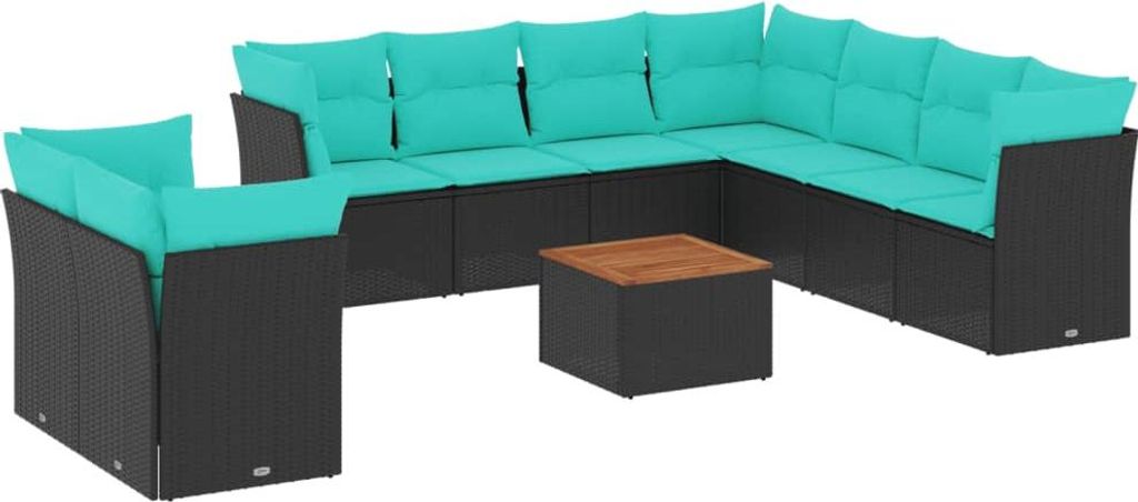 11-tlg. Garten-Sofagarnitur mit Kissen Schwarz Poly Rattan