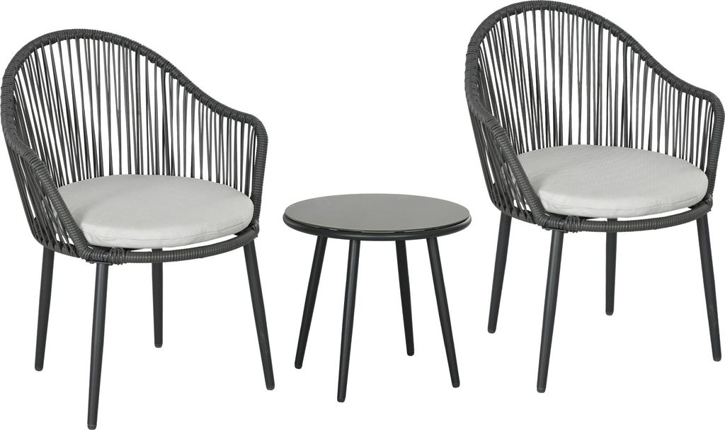 Wetterbeständiges Rattan Bistro-Set mit 2 Stühlen und Tisch, 65x63x80 cm, Dunkelgrau/Hellgrau