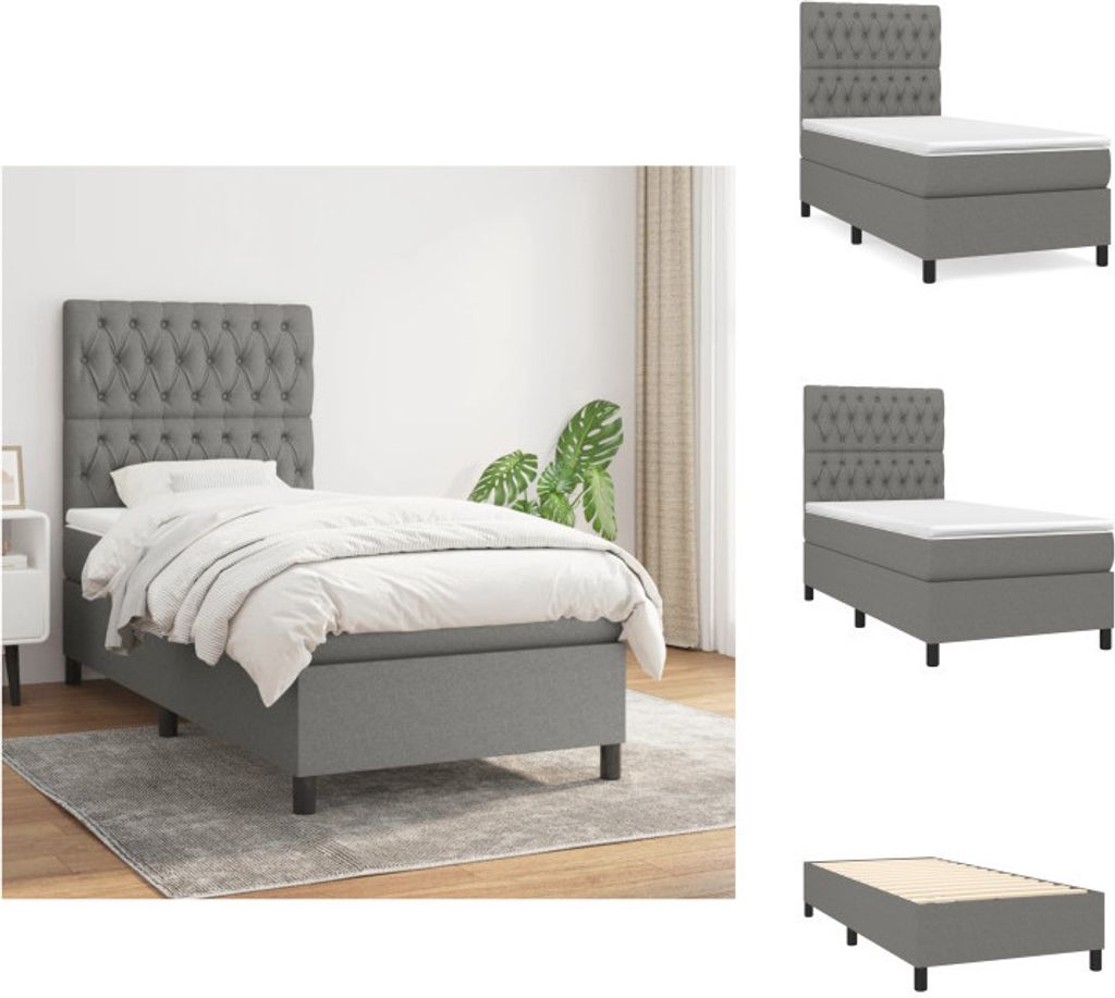 vidaXL Boxspringbett mit Matratze Dunkelgrau 100x200 cm Stoff - Betten & Bettgestelle