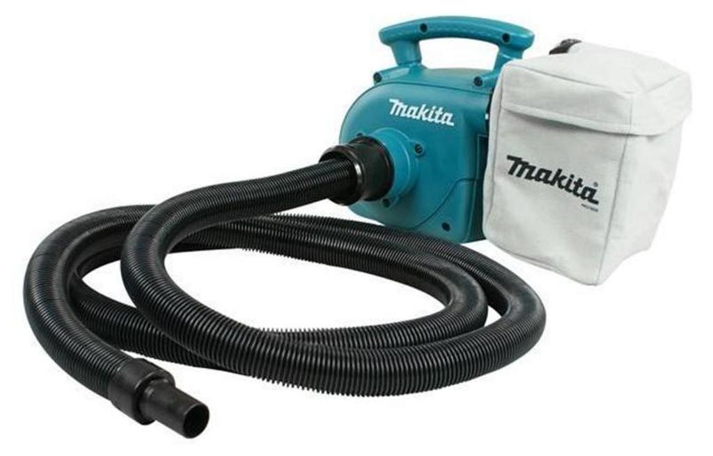 A teal Makita vacuum cleaner with a black hose and a white dust bag is shown against a white background.