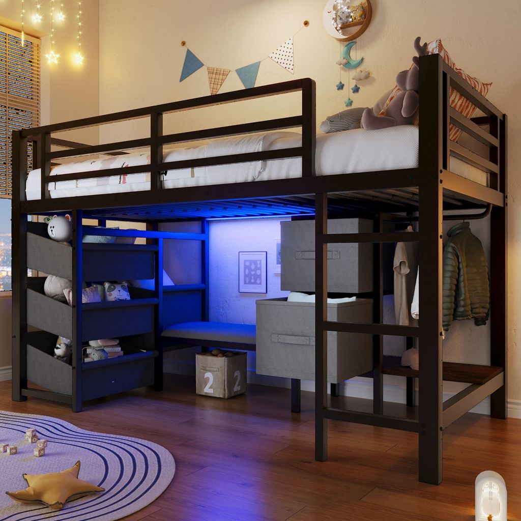 Merax Etagenbett Hochbett 90x200 cm, Metallbett mit LED Beleuchtung, Stauraum, Sitzkissen, Stoffschubladen, Kinderbett, Stockbett, Jugendbett, Schwarz